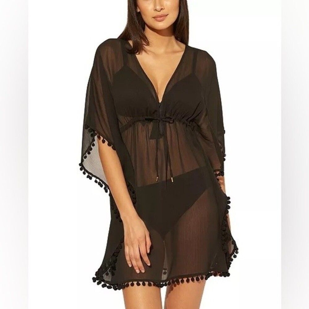 BLEU BY ROD BEATTIE Women Black Caftan Cover-Up Tassel Trim One Size Fit All NWT